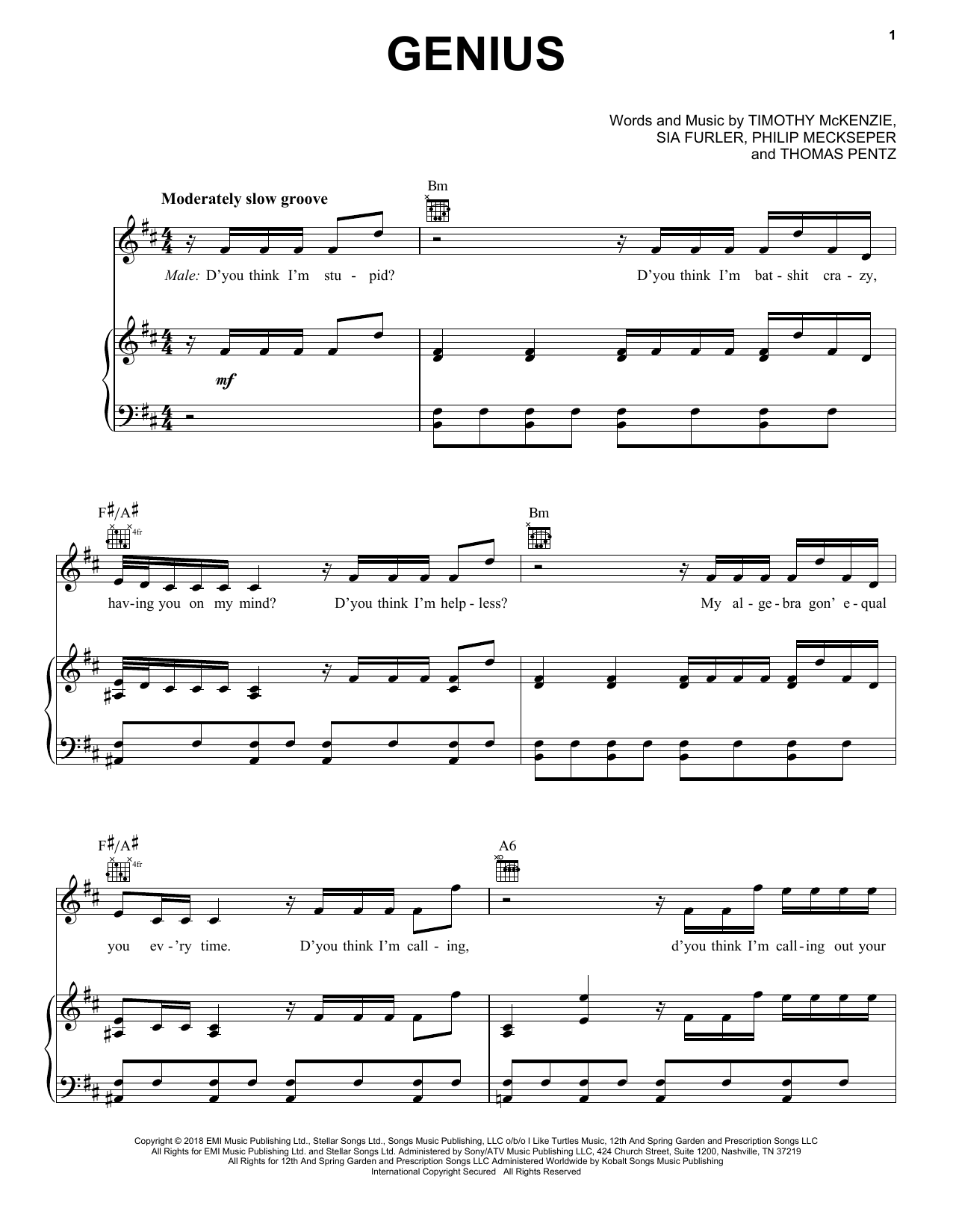 Learn to play Labrinth, Sia & Diplo Genius sheet music for Piano, Vocal & Guitar Chords (Right-Hand Melody) in minutes. Price: 7.8900$ Labrinth, Sia & Diplo Genius sheet music notes and chords arranged for Piano, Vocal & Guitar Chords (Right-Hand Melody)