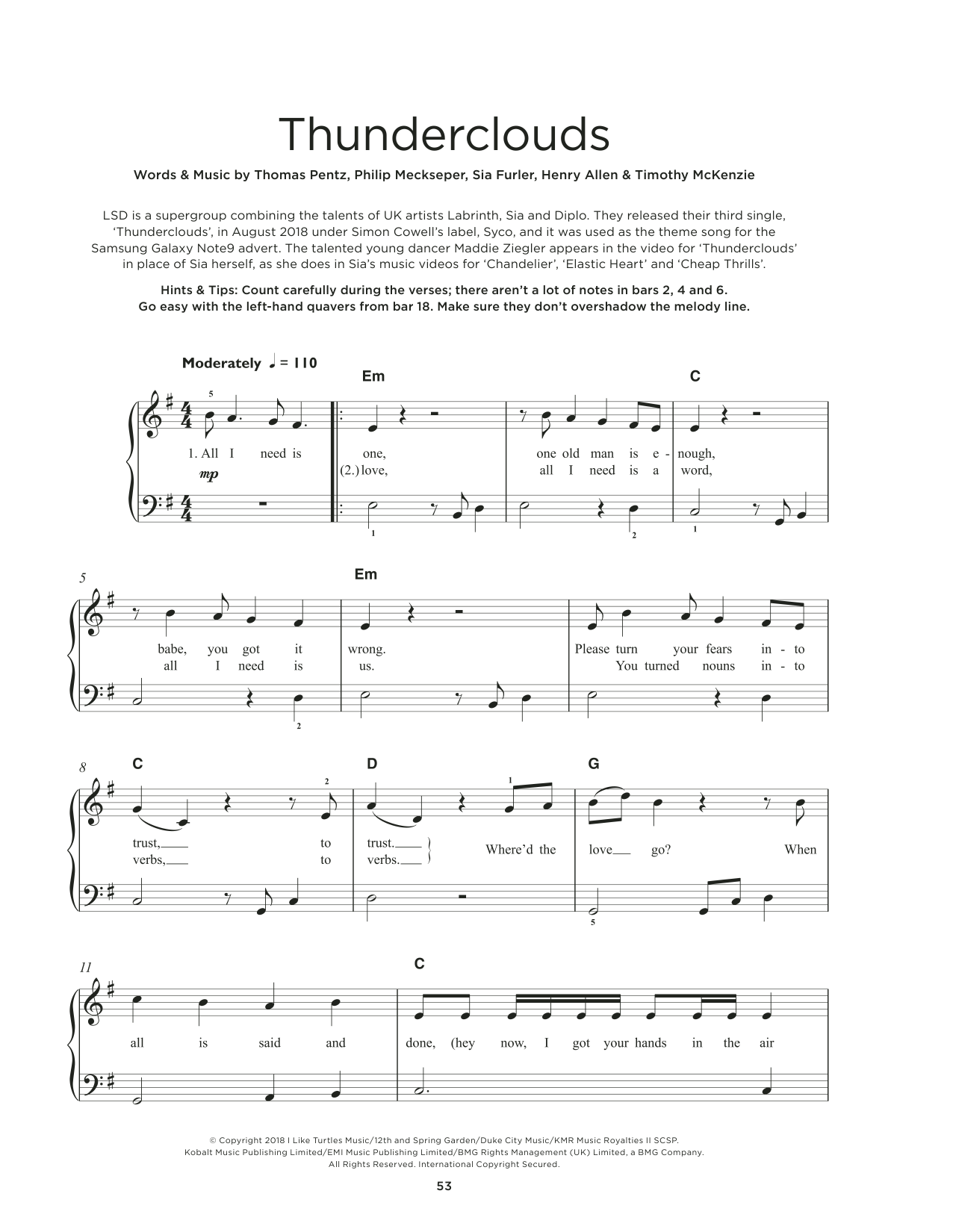 Labrinth, Sia & Diplo Thunderclouds sheet music notes and chords arranged for Really Easy Piano