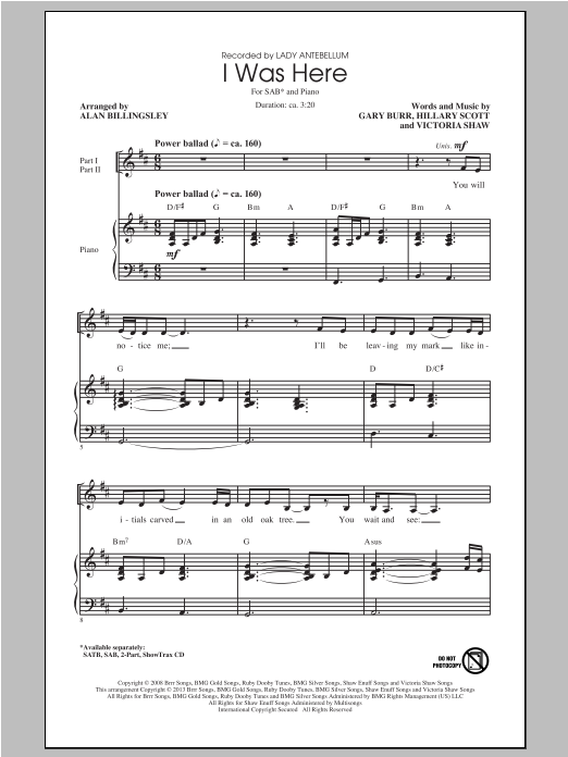 Alan Billingsley I Was Here sheet music notes and chords arranged for SATB Choir