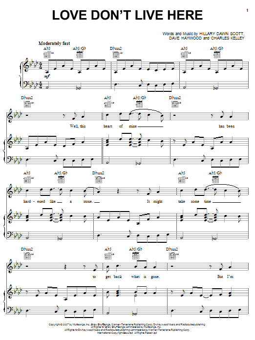 Learn to play Lady Antebellum Love Don't Live Here sheet music for Piano, Vocal & Guitar Chords (Right-Hand Melody) in minutes. Price: 7.8900$ Lady Antebellum Love Don't Live Here sheet music notes and chords arranged for Piano, Vocal & Guitar Chords (Right-Hand Melody)