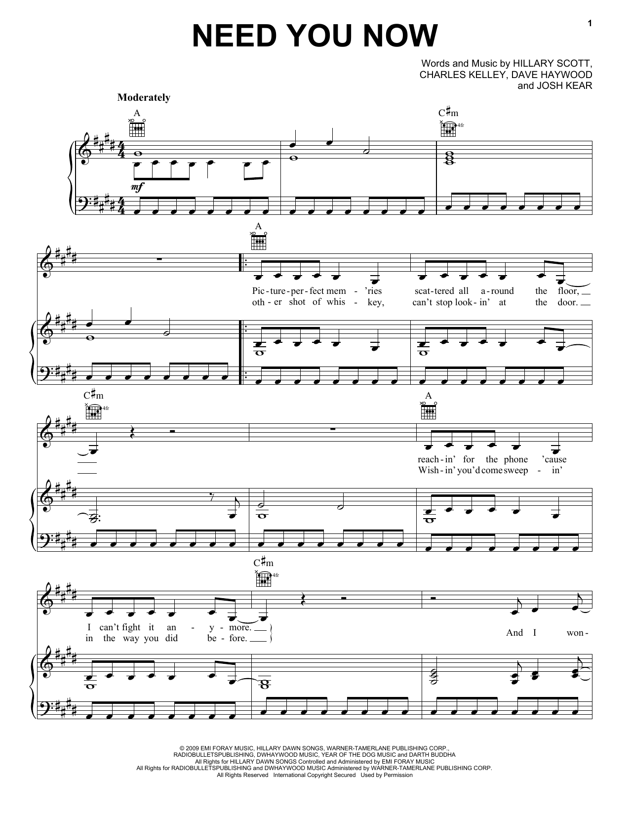 Lady Antebellum Need You Now sheet music notes and chords. Download Printable PDF.