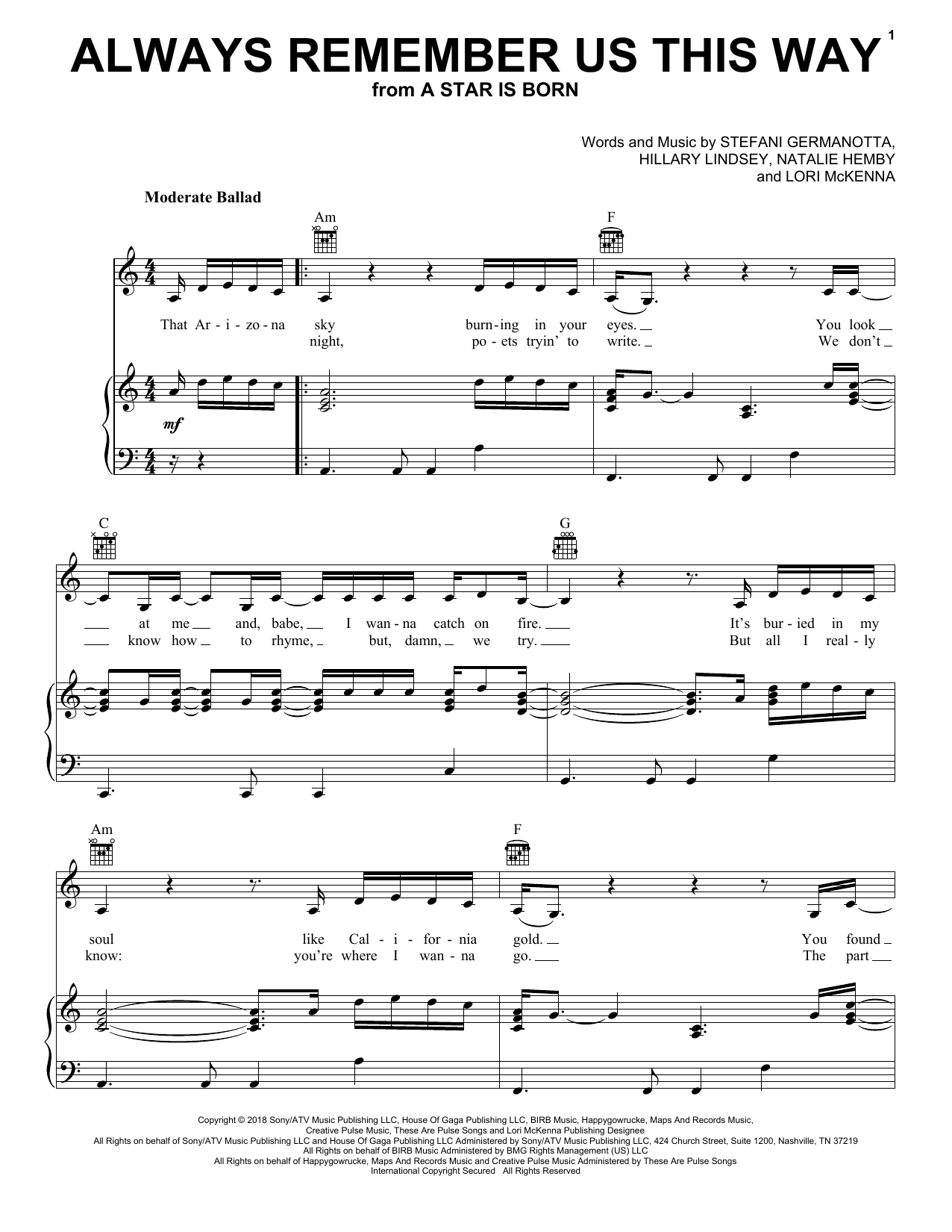 Lady Gaga Always Remember Us This Way (from A Star Is Born) sheet music notes and chords. Download Printable PDF.