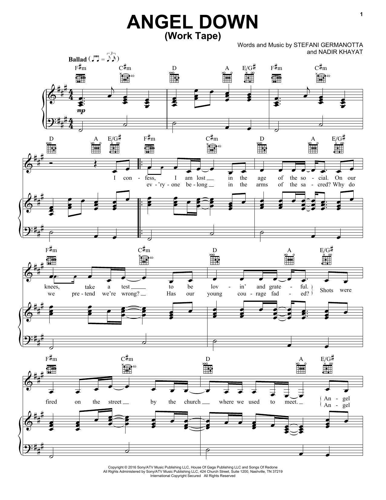 Lady Gaga Angel Down (Work Tape) sheet music notes and chords arranged for Piano, Vocal & Guitar Chords (Right-Hand Melody)