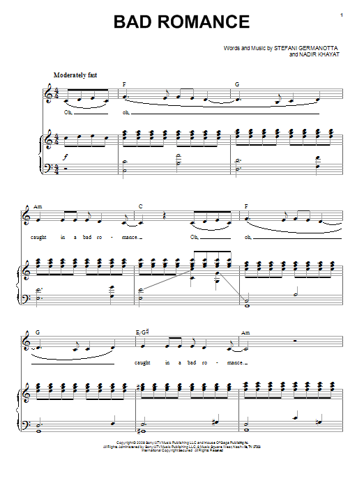 Lady Gaga Bad Romance sheet music notes and chords. Download Printable PDF.