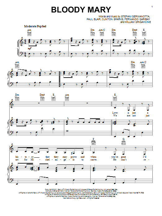 Lady Gaga Bloody Mary sheet music notes and chords. Download Printable PDF.