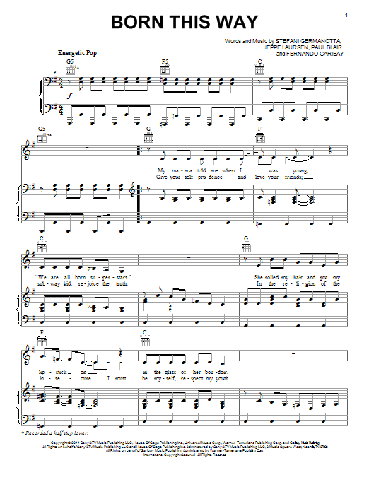 Lady Gaga Born This Way sheet music notes and chords. Download Printable PDF.