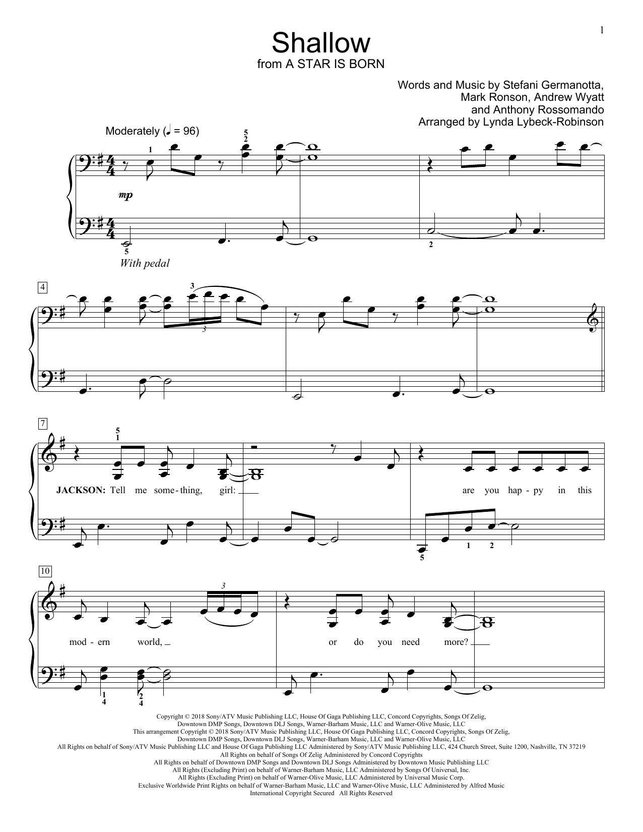 Lady Gaga & Bradley Cooper Shallow (from A Star Is Born) (arr. Lynda Lybeck-Robinson) sheet music notes and chords arranged for Educational Piano
