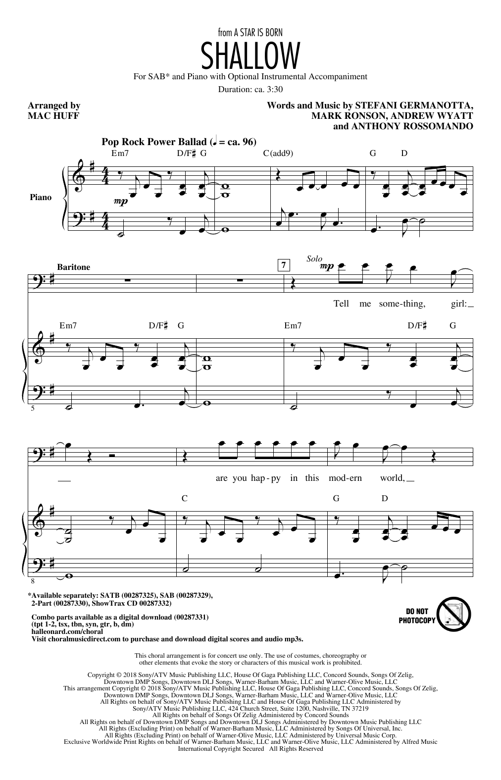 Lady Gaga & Bradley Cooper Shallow (from A Star Is Born) (arr. Mac Huff) sheet music notes and chords. Download Printable PDF.