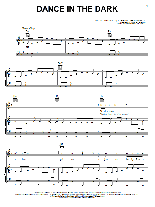 Lady Gaga Dance In The Dark sheet music notes and chords. Download Printable PDF.