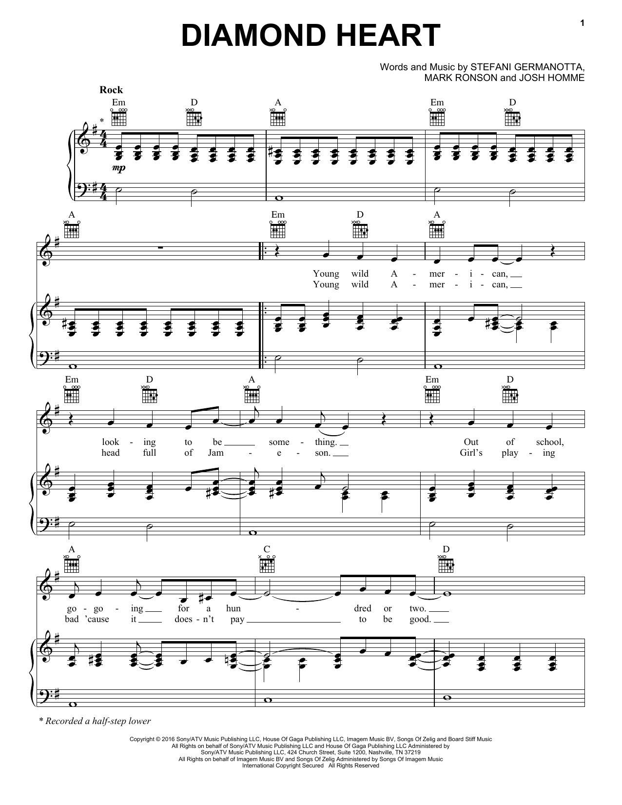 Learn to play Lady Gaga Diamond Heart sheet music for Piano, Vocal & Guitar Chords (Right-Hand Melody) in minutes. Price: 7.8900$ Lady Gaga Diamond Heart sheet music notes and chords arranged for Piano, Vocal & Guitar Chords (Right-Hand Melody)