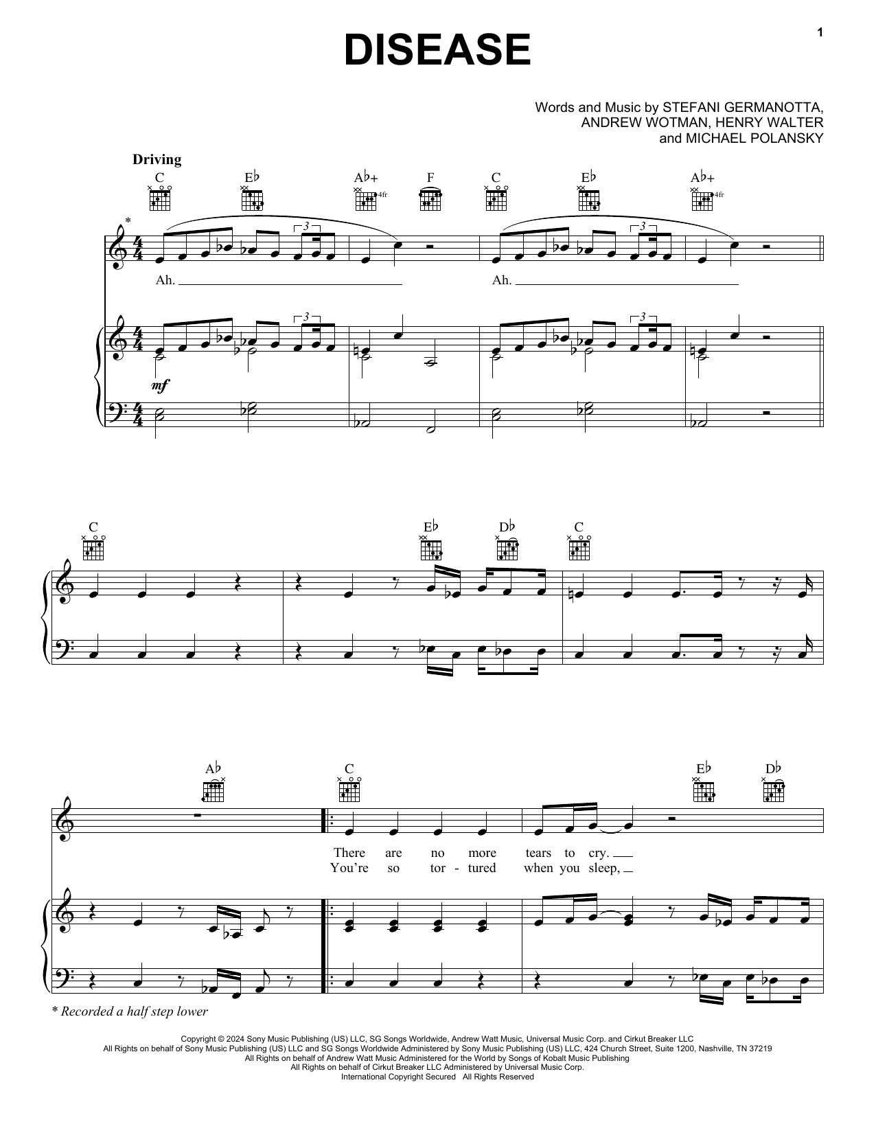 Lady Gaga Disease sheet music notes and chords arranged for Piano, Vocal & Guitar Chords (Right-Hand Melody)