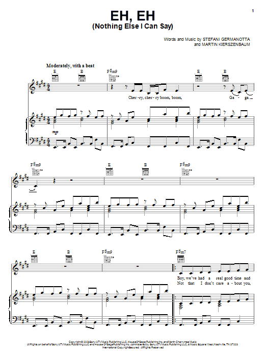 Lady Gaga Eh, Eh (Nothing Else I Can Say) sheet music notes and chords. Download Printable PDF.