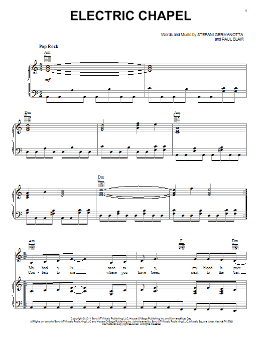 Learn to play Lady Gaga Electric Chapel sheet music for Piano, Vocal & Guitar Chords (Right-Hand Melody) in minutes. Price: 7.8900$ Lady Gaga Electric Chapel sheet music notes and chords arranged for Piano, Vocal & Guitar Chords (Right-Hand Melody)