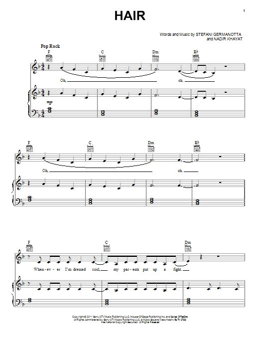Learn to play Lady Gaga Hair sheet music for Piano, Vocal & Guitar Chords (Right-Hand Melody) in minutes. Price: 7.8900$ Lady Gaga Hair sheet music notes and chords arranged for Piano, Vocal & Guitar Chords (Right-Hand Melody)
