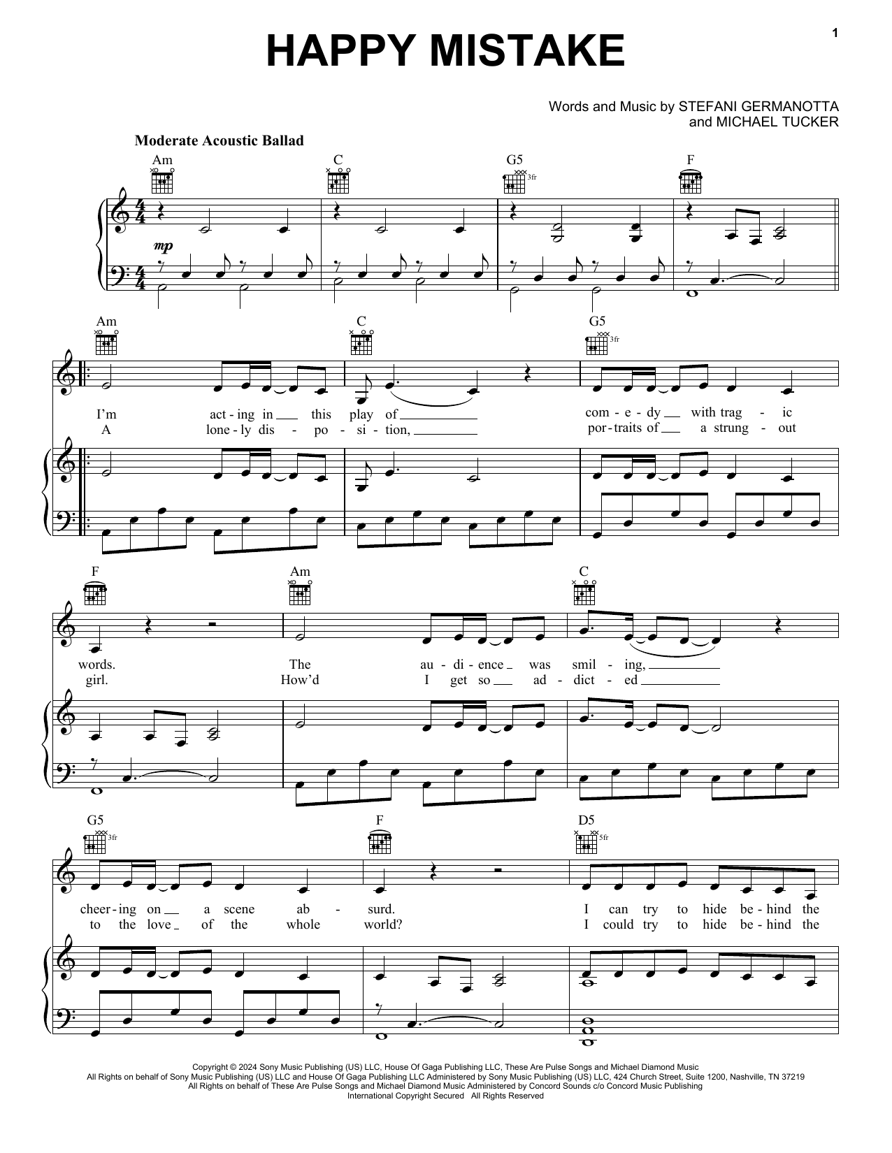 Lady Gaga Happy Mistake sheet music notes and chords. Download Printable PDF.