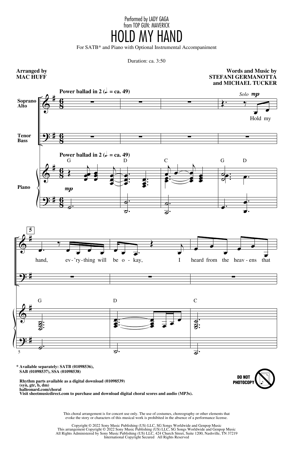 Lady Gaga Hold My Hand (from Top Gun: Maverick) (arr. Mac Huff) sheet music notes and chords. Download Printable PDF.