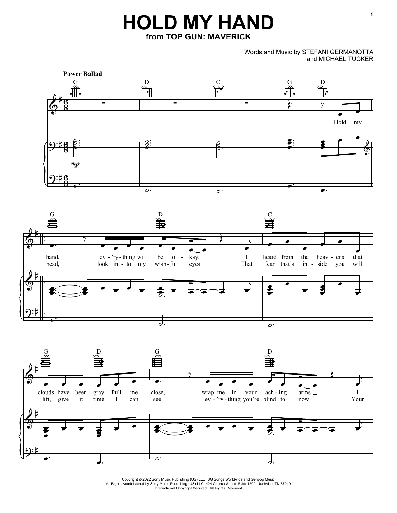 Lady Gaga Hold My Hand (from Top Gun: Maverick) sheet music notes and chords. Download Printable PDF.