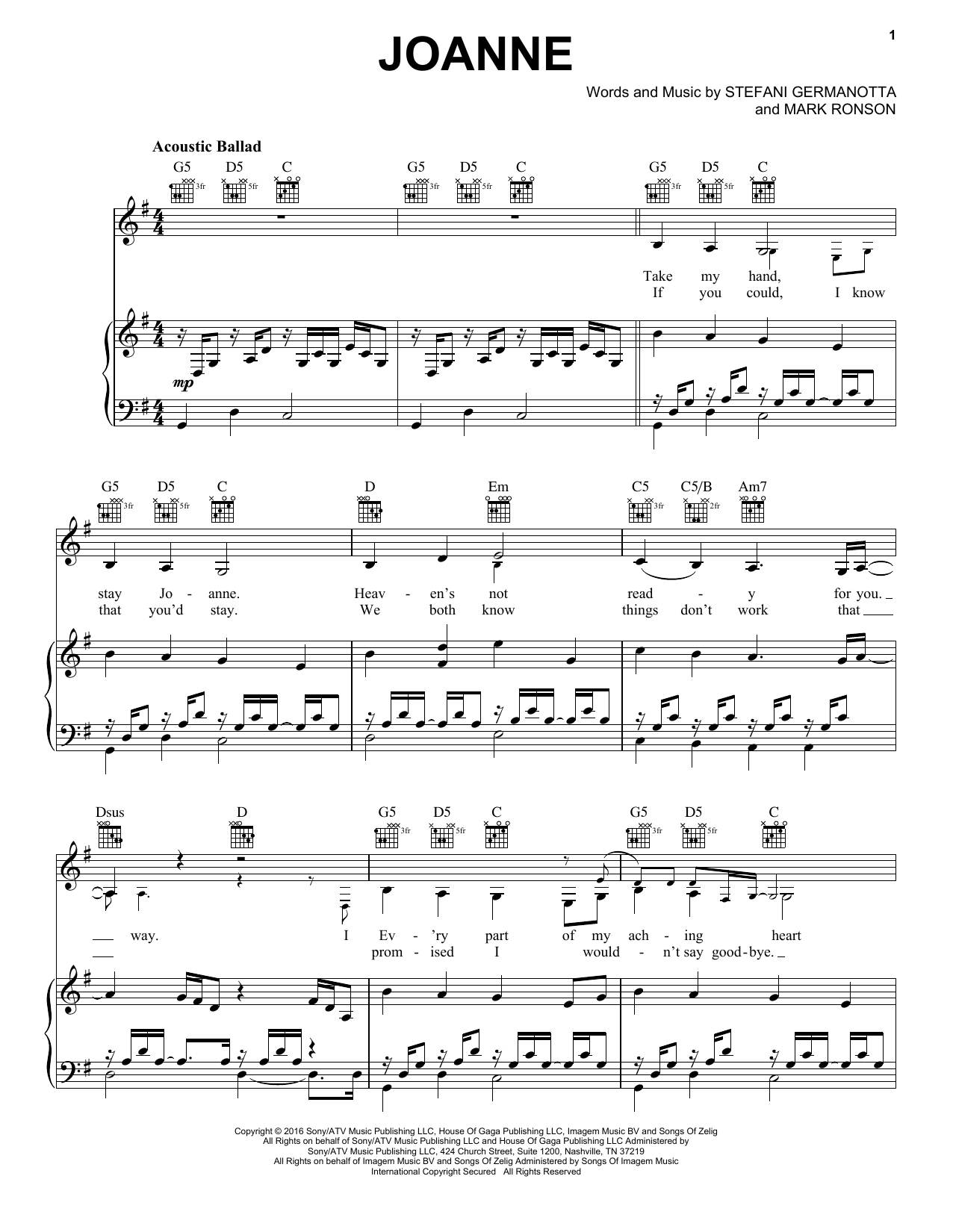 Lady Gaga Joanne sheet music notes and chords. Download Printable PDF.