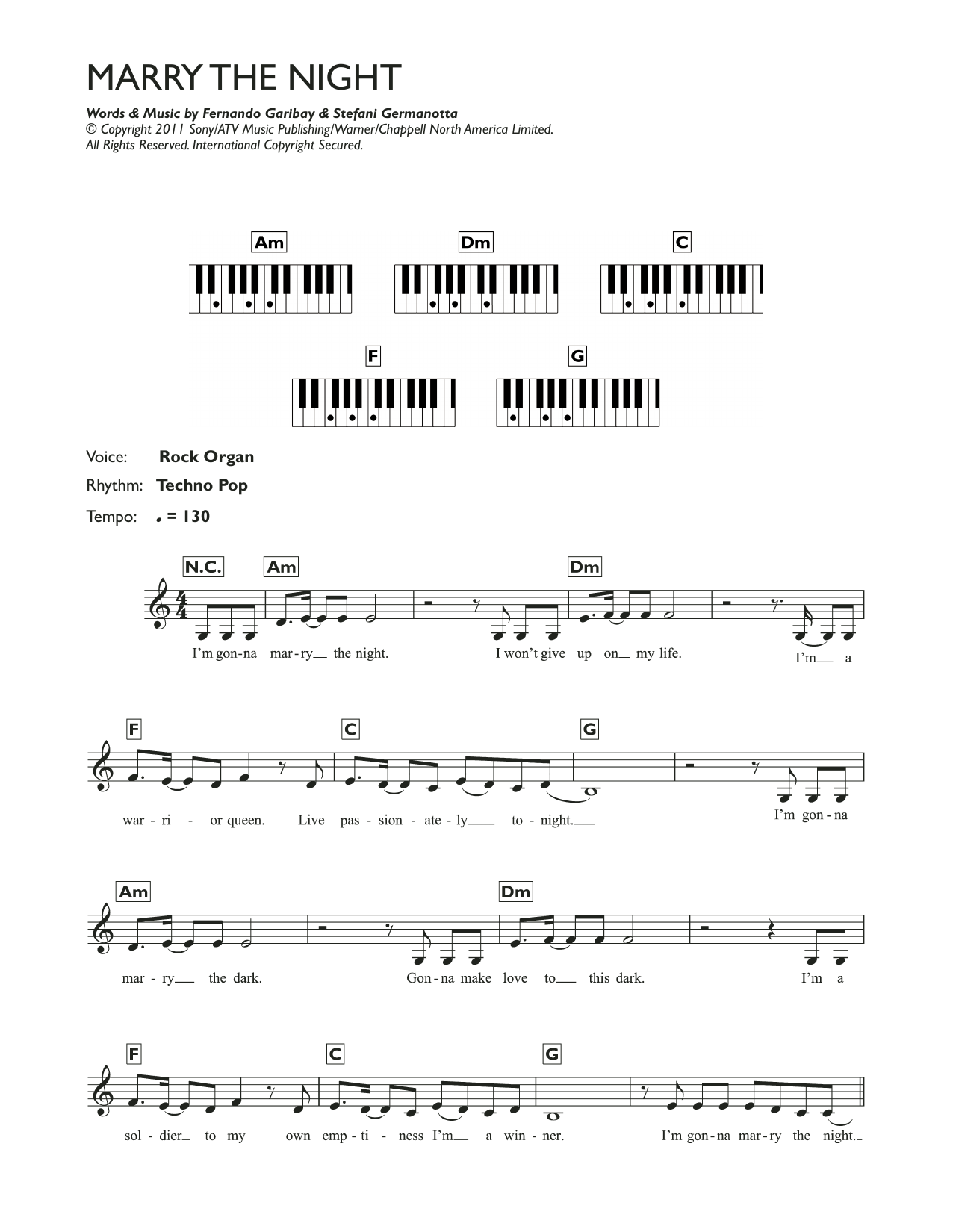 Lady Gaga Marry The Night sheet music notes and chords arranged for Piano Chords/Lyrics