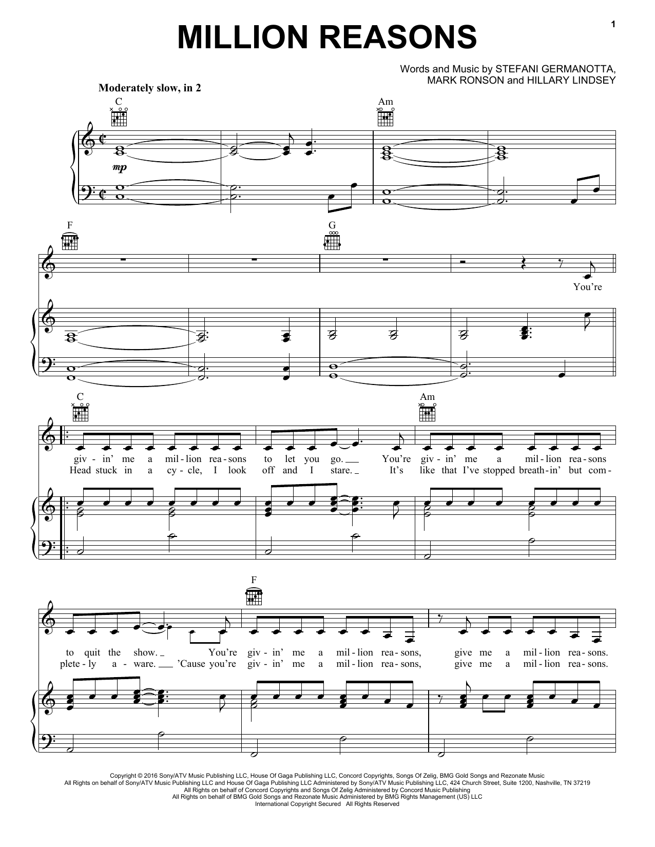 Lady Gaga Million Reasons sheet music notes and chords. Download Printable PDF.