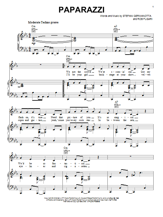 Lady Gaga Paparazzi sheet music notes and chords. Download Printable PDF.