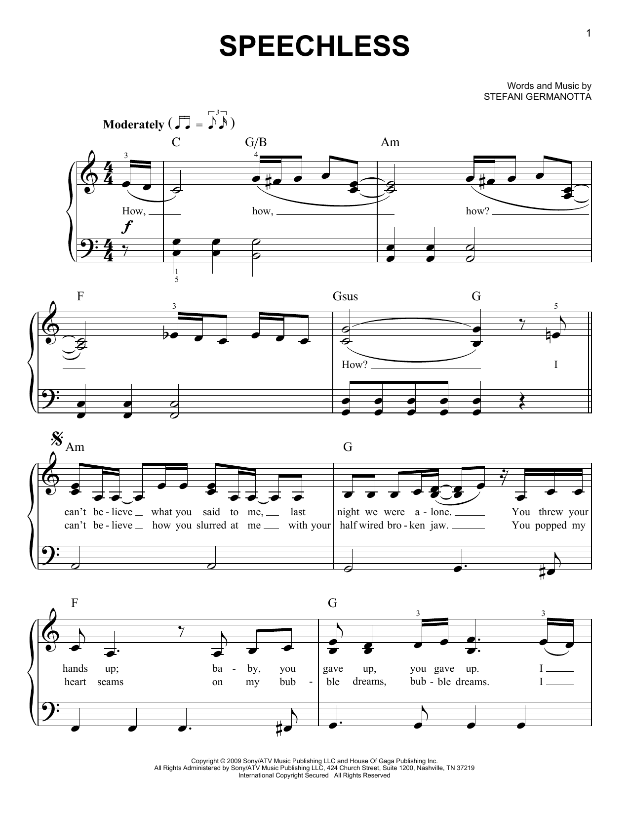 Lady Gaga Speechless sheet music notes and chords arranged for Very Easy Piano