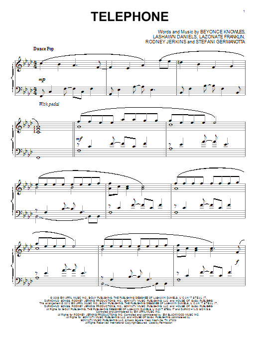 Lady Gaga Telephone sheet music notes and chords. Download Printable PDF.