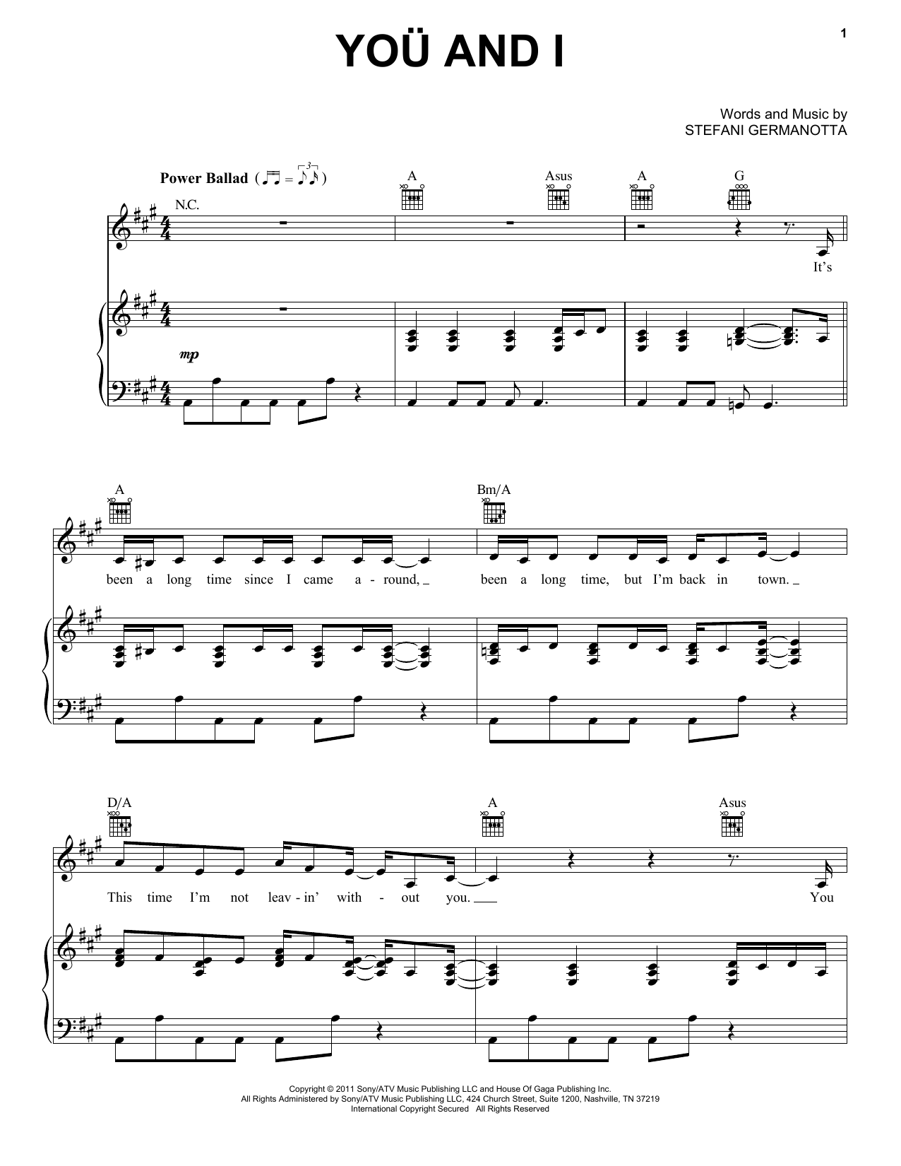 Lady Gaga You And I sheet music notes and chords. Download Printable PDF.