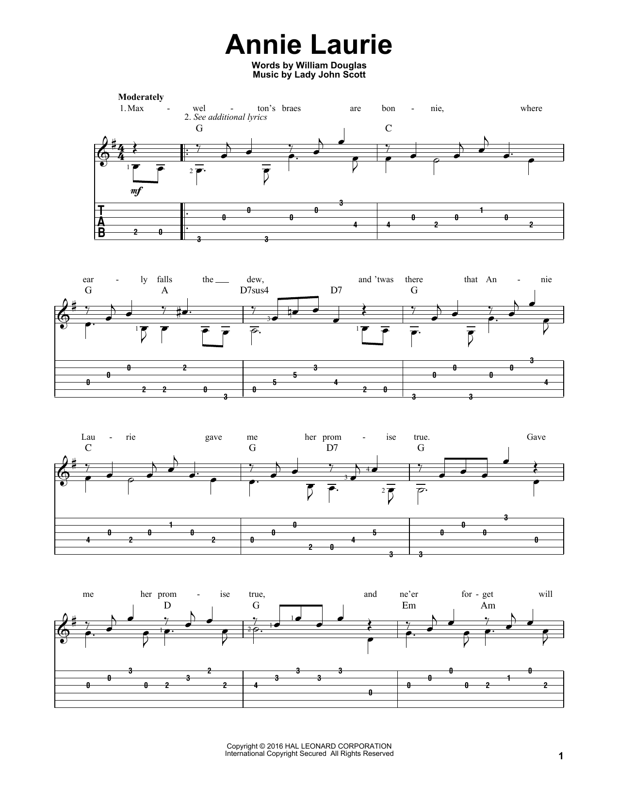 William Douglas Annie Laurie sheet music notes and chords. Download Printable PDF.