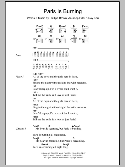 Ladyhawke Paris Is Burning sheet music notes and chords. Download Printable PDF.