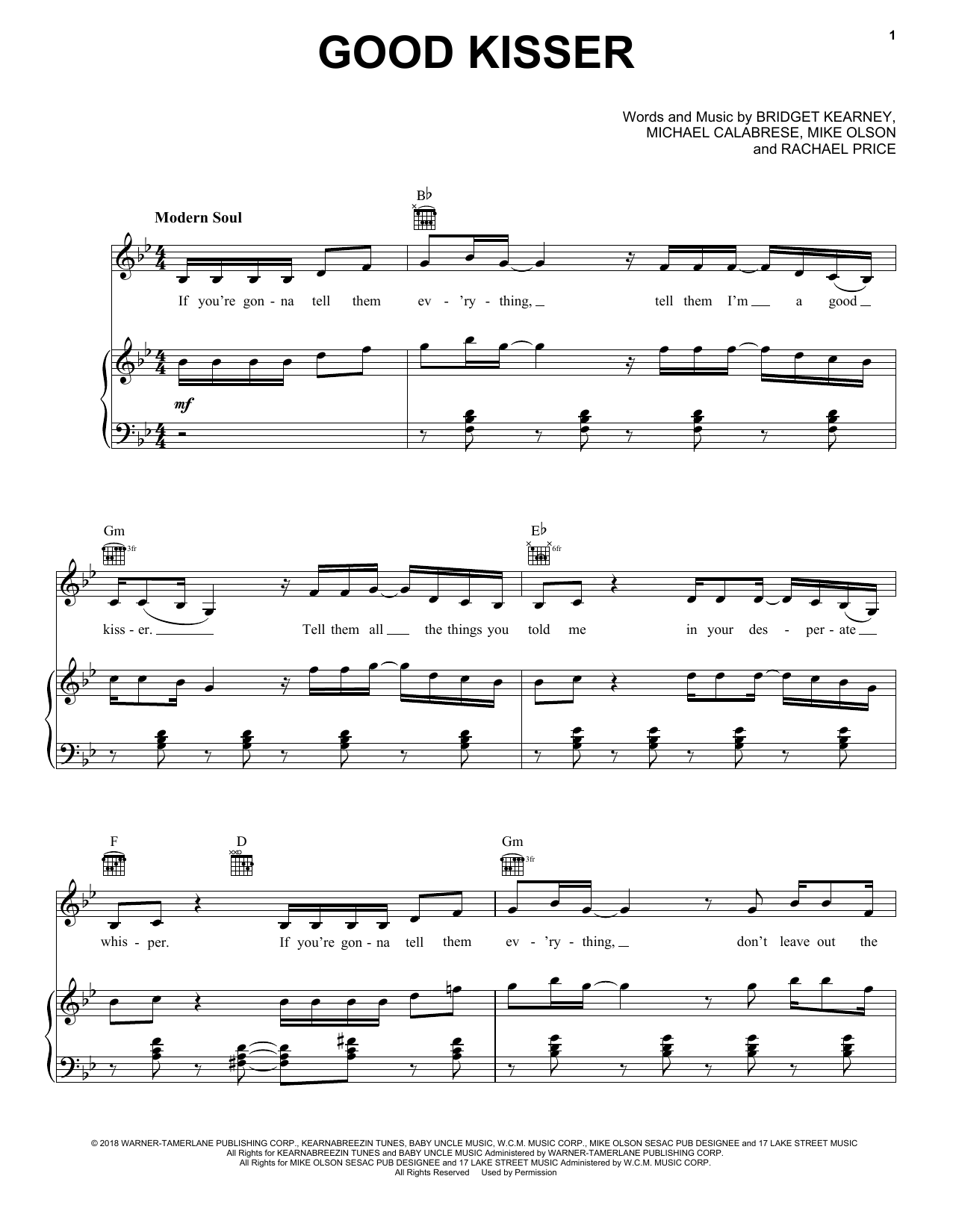 Learn to play Lake Street Dive Good Kisser sheet music for Piano, Vocal & Guitar Chords (Right-Hand Melody) in minutes. Price: 7.8900$ Lake Street Dive Good Kisser sheet music notes and chords arranged for Piano, Vocal & Guitar Chords (Right-Hand Melody)