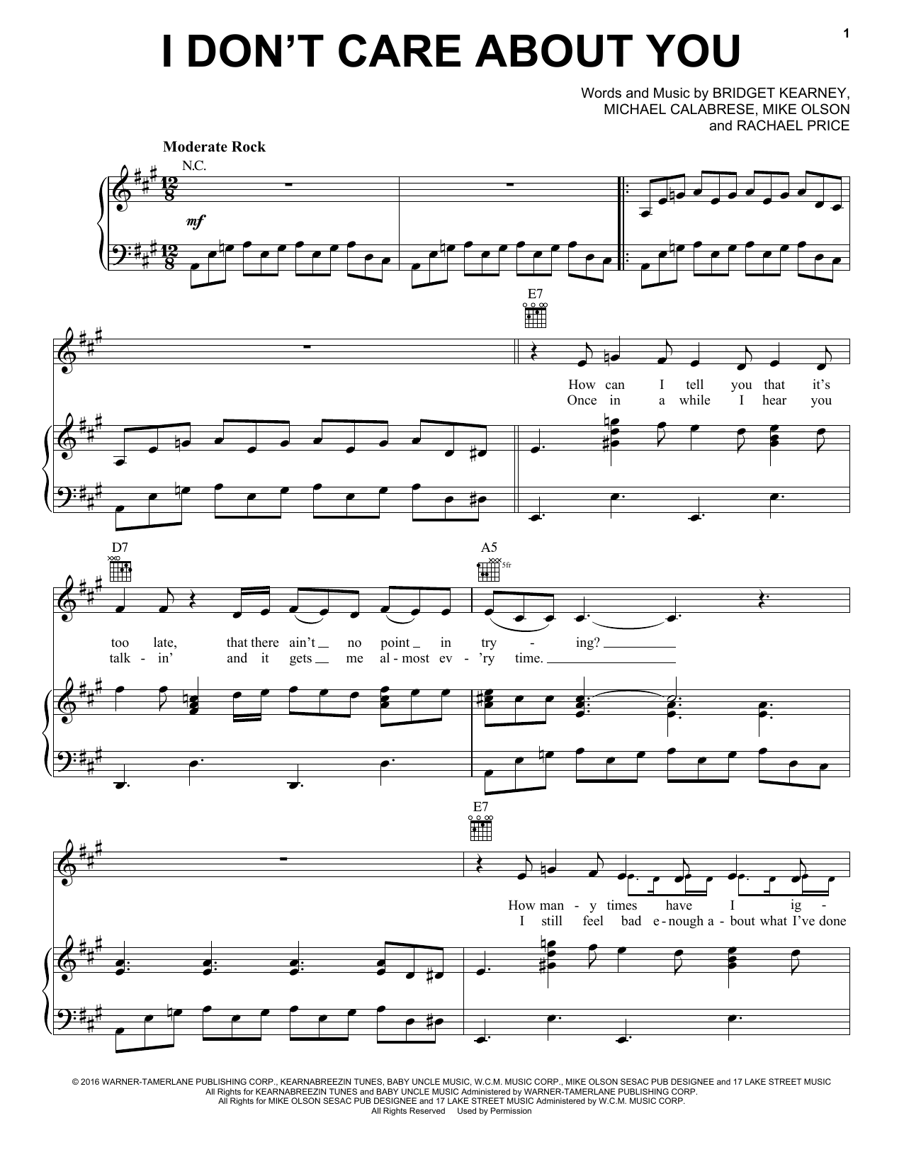 Learn to play Lake Street Dive I Don't Care About You sheet music for Piano, Vocal & Guitar Chords (Right-Hand Melody) in minutes. Price: 7.8900$ Lake Street Dive I Don't Care About You sheet music notes and chords arranged for Piano, Vocal & Guitar Chords (Right-Hand Melody)