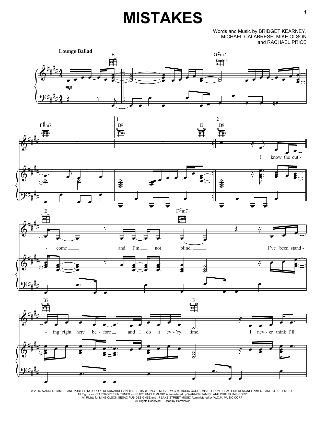 Lake Street Dive Mistakes sheet music notes and chords. Download Printable PDF.