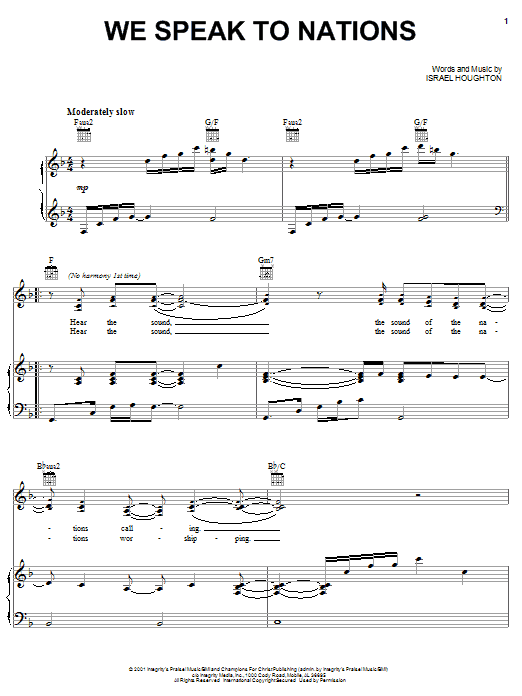 Learn to play Israel Houghton We Speak To Nations sheet music for Piano, Vocal & Guitar Chords (Right-Hand Melody) in minutes. Price: 7.8900$ Israel Houghton We Speak To Nations sheet music notes and chords arranged for Piano, Vocal & Guitar Chords (Right-Hand Melody)