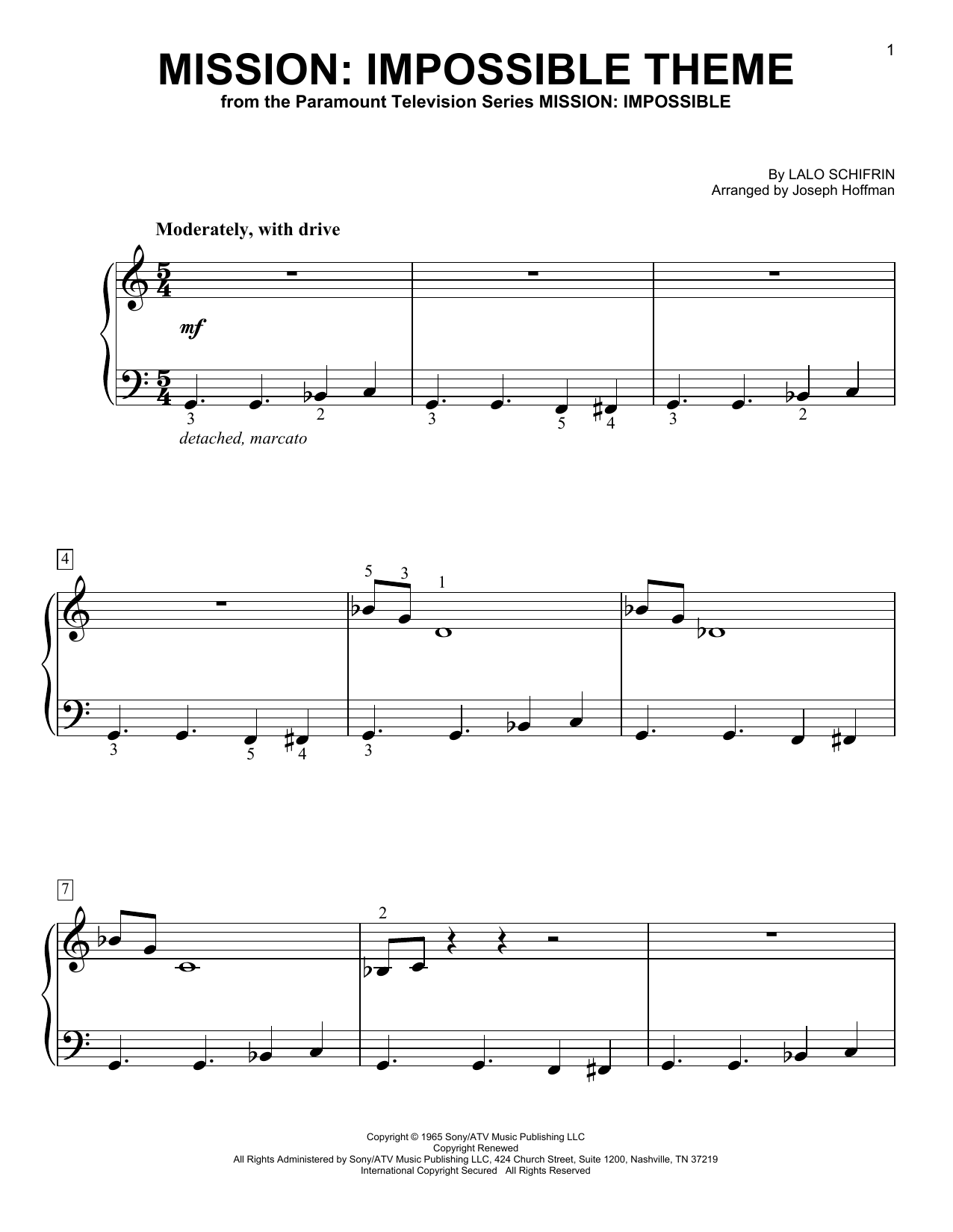 Learn to play Lalo Schifrin Mission: Impossible Theme (arr. Joseph Hoffman) sheet music for Easy Piano in minutes. Price: 6.9900$ Lalo Schifrin Mission: Impossible Theme (arr. Joseph Hoffman) sheet music notes and chords arranged for Easy Piano