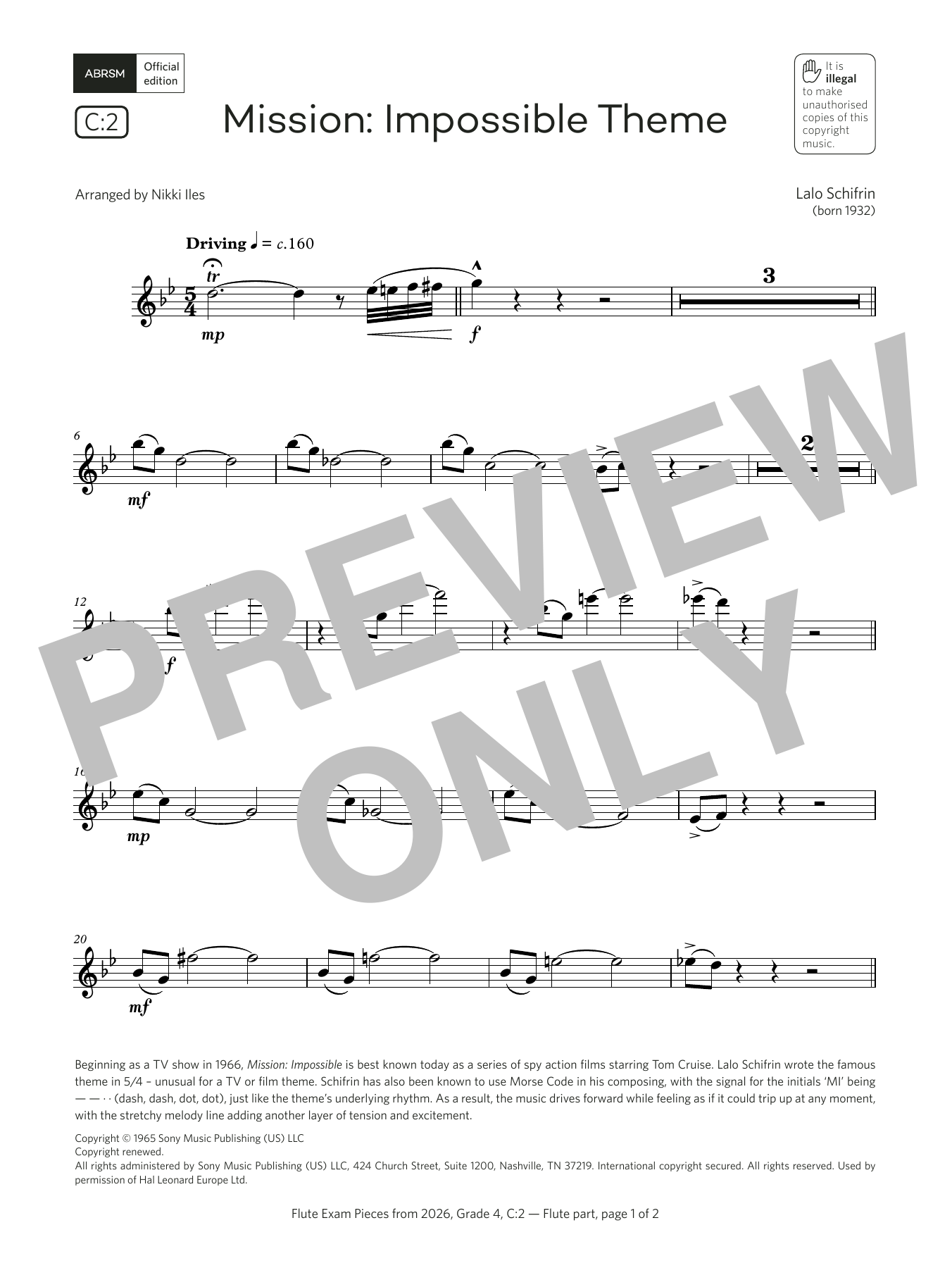Learn to play Lalo Schifrin Mission: Impossible Theme (Grade 4, list C2, from the ABRSM Flute Syllabus from 2026) sheet music for Flute Solo in minutes. Price: 5.9900$ Lalo Schifrin Mission: Impossible Theme (Grade 4, list C2, from the ABRSM Flute Syllabus from 2026) sheet music notes and chords arranged for Flute Solo
