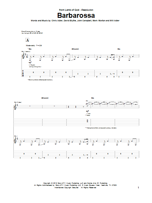 Learn to play Lamb of God Barbarossa sheet music for Guitar Tab in minutes. Price: 7.8900$ Lamb of God Barbarossa sheet music notes and chords arranged for Guitar Tab