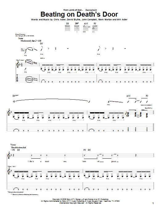 Learn to play Lamb of God Beating On Death's Door sheet music for Guitar Tab in minutes. Price: 7.8900$ Lamb of God Beating On Death's Door sheet music notes and chords arranged for Guitar Tab