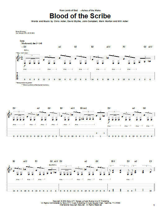 Learn to play Lamb of God Blood Of The Scribe sheet music for Guitar Tab in minutes. Price: 7.8900$ Lamb of God Blood Of The Scribe sheet music notes and chords arranged for Guitar Tab