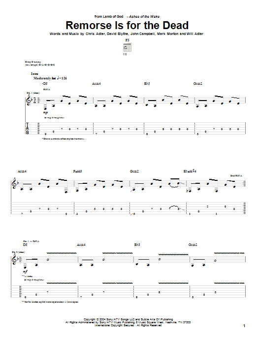 Learn to play Lamb of God Remorse Is For The Dead sheet music for Guitar Tab in minutes. Price: 7.8900$ Lamb of God Remorse Is For The Dead sheet music notes and chords arranged for Guitar Tab