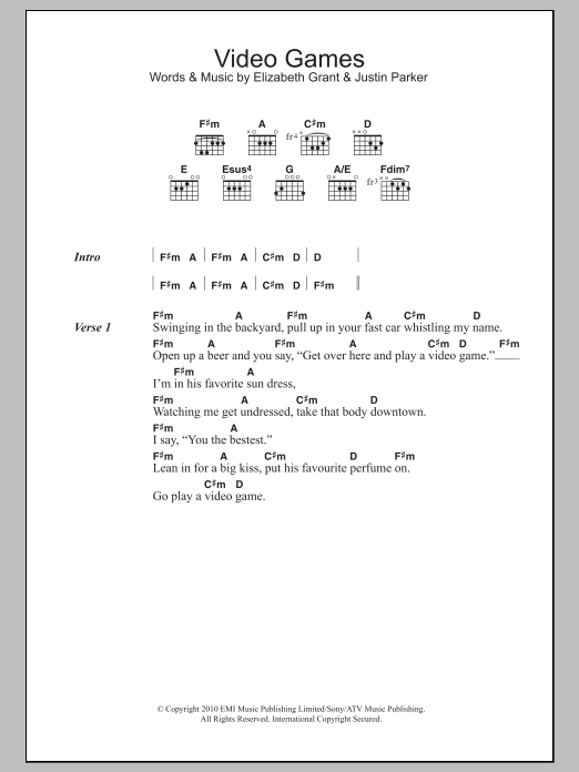 Lana Del Rey Video Games sheet music notes and chords. Download Printable PDF.