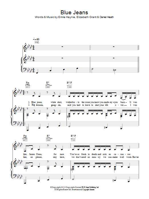 Lana Del Rey Blue Jeans sheet music notes and chords. Download Printable PDF.