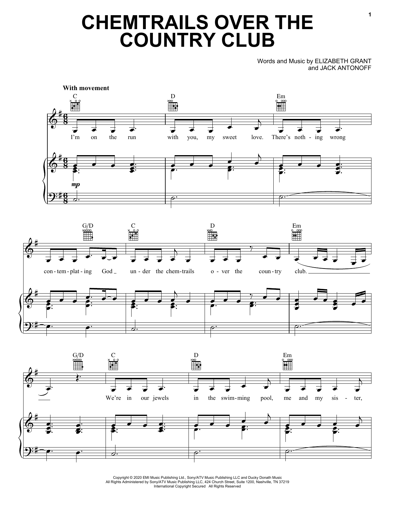 Lana Del Rey Chemtrails Over The Country Club sheet music notes and chords. Download Printable PDF.