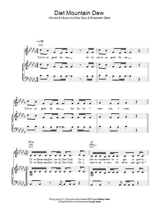 Lana Del Rey Diet Mountain Dew sheet music notes and chords. Download Printable PDF.