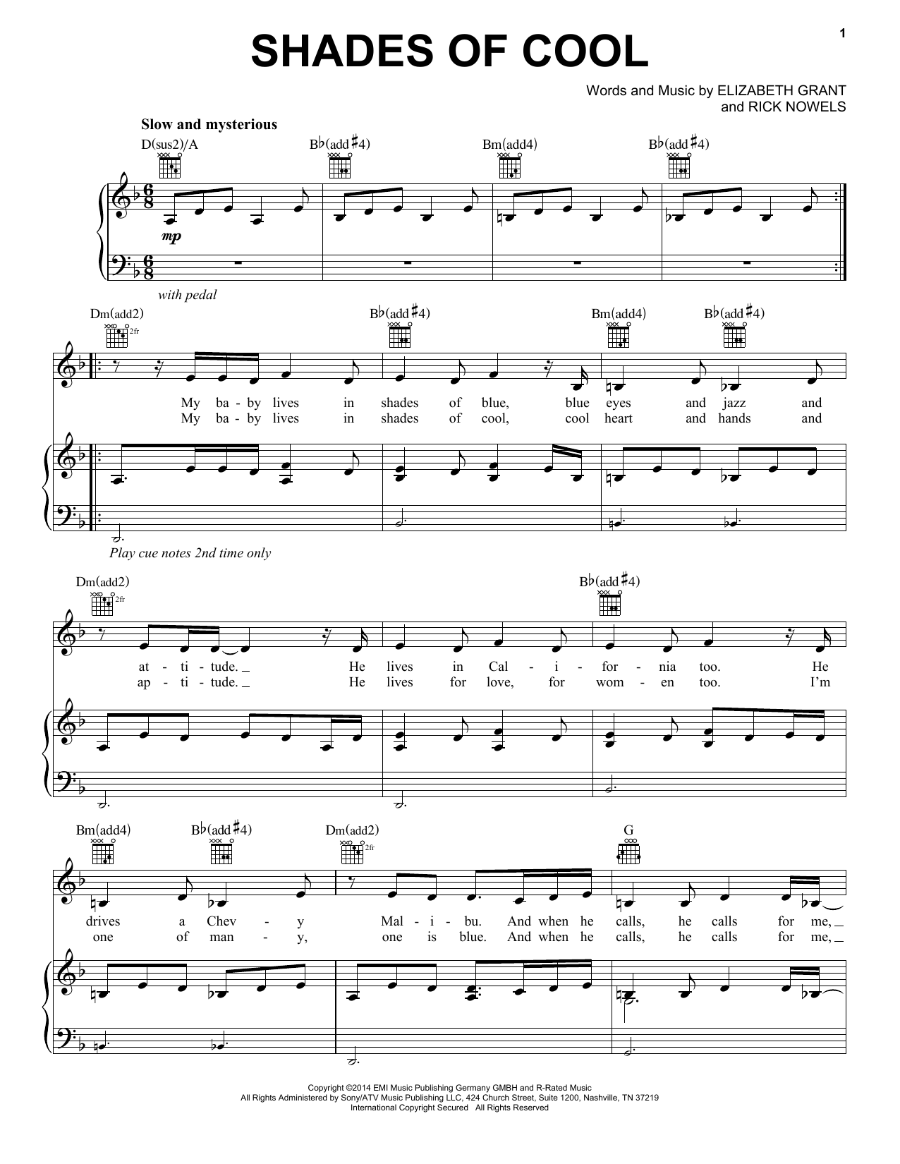 Lana Del Rey Shades Of Cool sheet music notes and chords. Download Printable PDF.