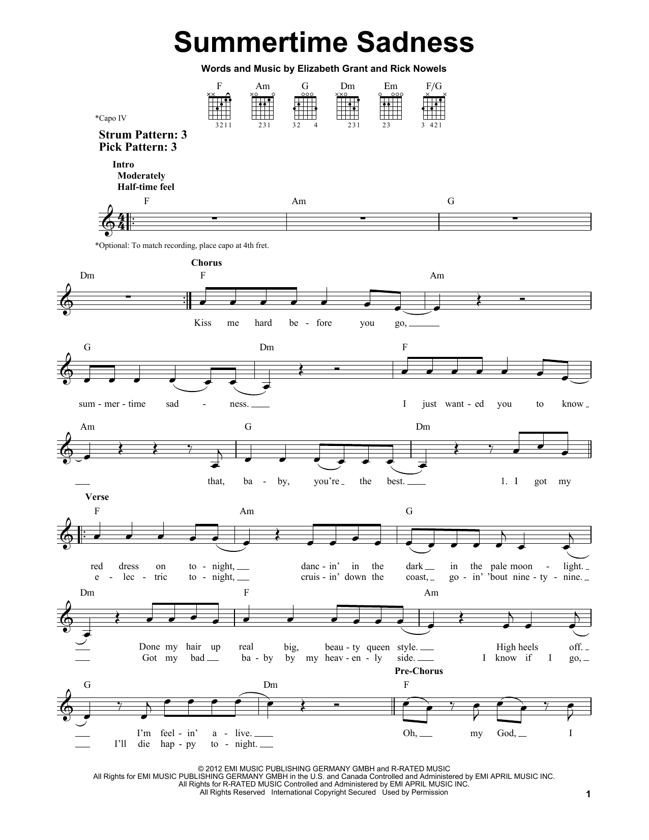 Lana Del Rey Summertime Sadness sheet music notes and chords. Download Printable PDF.