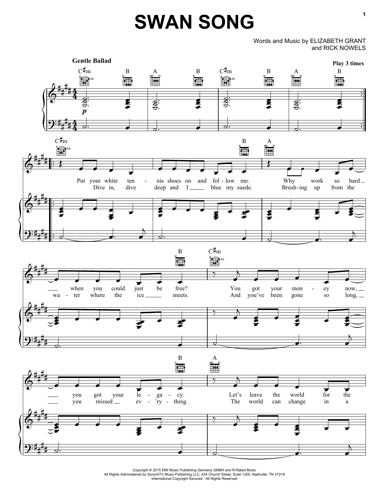 Lana Del Rey Swan Song sheet music notes and chords. Download Printable PDF.