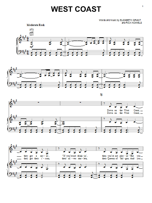 Lana Del Rey West Coast sheet music notes and chords. Download Printable PDF.