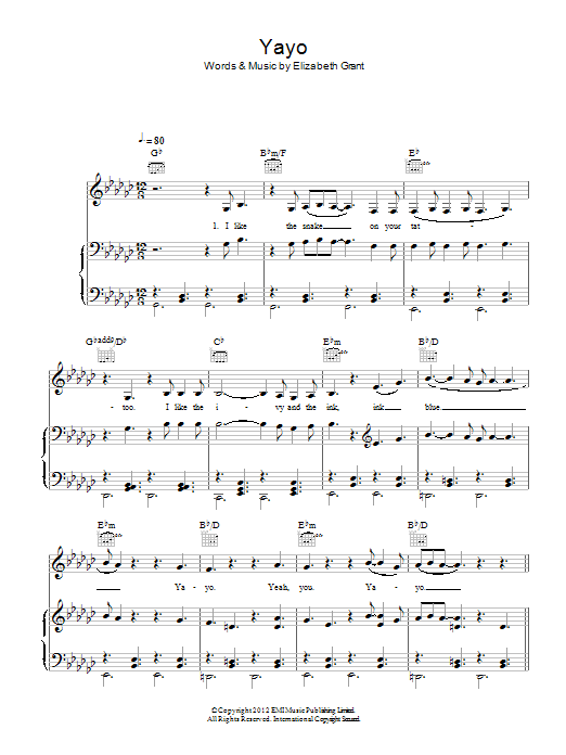 Learn to play Lana Del Rey Yayo sheet music for Piano, Vocal & Guitar Chords in minutes. Price: 7.8900$ Lana Del Rey Yayo sheet music notes and chords arranged for Piano, Vocal & Guitar Chords