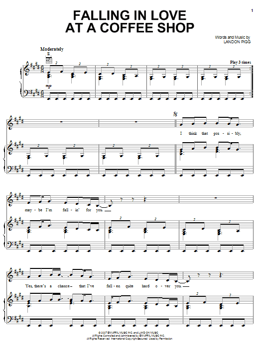 Learn to play Landon Pigg Falling In Love At A Coffee Shop sheet music for Piano, Vocal & Guitar Chords (Right-Hand Melody) in minutes. Price: 7.8900$ Landon Pigg Falling In Love At A Coffee Shop sheet music notes and chords arranged for Piano, Vocal & Guitar Chords (Right-Hand Melody)